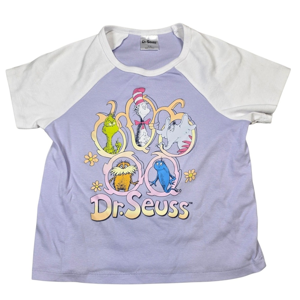 Dr.‎ Seuss Kids Raglan Graphic T-Shirt Lavender White Cat in the Hat Grinch Sz 8